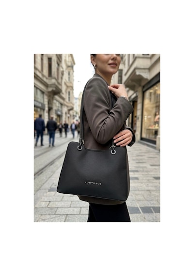 Just Polo Kadın Yeni Sezon Yumuşak Deri Büyük Boy Fermuarlı Lüks Tasarım El Çantası Shopper Siyah 01880857