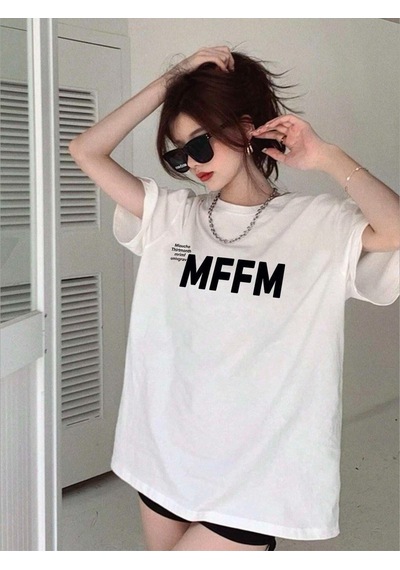 Unisex Beyaz Oversize Mffm Baskılı Örme T-shirt Beyaz