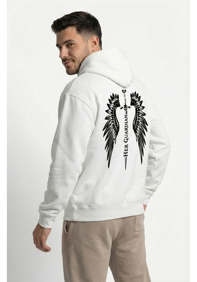 Nevermind Unisex His Angel & Her Guardian Baskılı Sevgili Kombini Hoodie Se Beyaz
