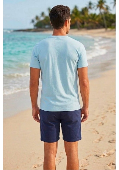 Açık Mavi "surfing Paradise" Baskılı Bisiklet Yaka Kısa Kollu Organik Pamuklu Erkek Tişört & Lacivert Basic Şort Takım Çok Renkli