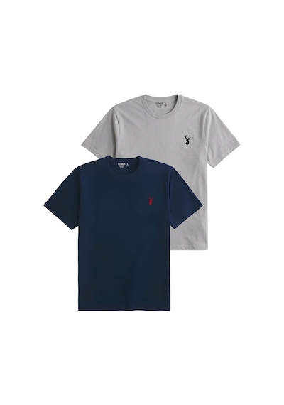 Genius Store Erkek Siyah Tişört %100 Pamuk Süprem Basic Tişört Bisiklet Yaka Nakışlı T-shirt Erkek-2li Lacivert-gri