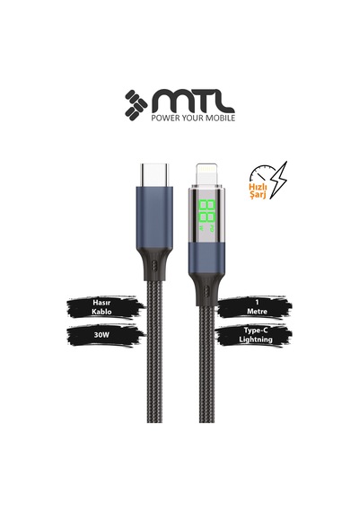 30w Pd Type-c To Apple Uyumlu iPhone Lightning Dijital Watt Göstergeli Hızlı Şarj Kablosu 1 Metre Siyah Mt2156