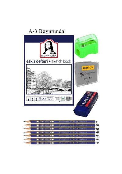 Eskiz Defteri A3 50 Yaprak Karakalem Çizim Seti Hamur Silgi Faber Castell Dereceli Kalem