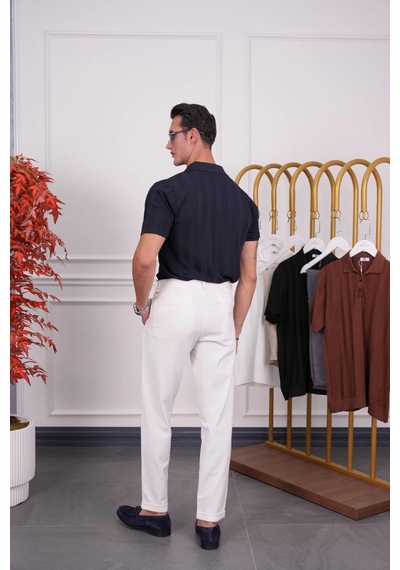 Modefendi Dikey Desenli Yakalı Tshirt Lacivert
