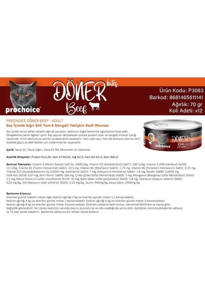 Prochoice Döner Bites Sos İçinde Sığır Etli Yetişkin Kedi Konservesi 70 Gr