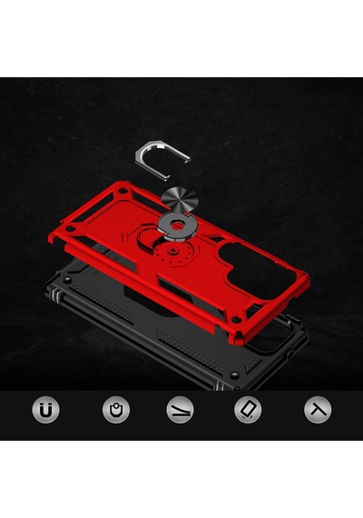 Teknomoda Samsung Galaxy Uyumlu S25 Ultra Kılıf Yüzüklü Standlı Korumalı Tank Kapak Kirmizi