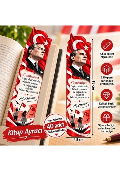 29 Ekim Cumhuriyet Bayramı Karton Kitap Ayracı 40' Lı Paket 01 Tüm Yaşlar