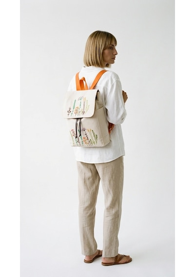 Fabric Craft Bag Sırt Çantas Kanvas Nakışlı Ayarlanabilir Krem Rengi Krem
