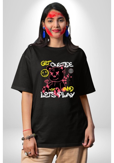 Dışarı Çık Ve Oynayalım Teddy Pamuklu Bisiklet Yaka Unisex Oversize Boyfriend Dijital Baskılı Siyah T-shirt Siyah