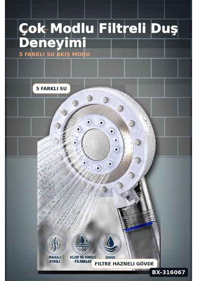 Filtreli Duş Başlığı 5 Fonksiyonlu Masaj Etkili Klor Kireç Önleyici El Duşu Bx-316067 Renkli