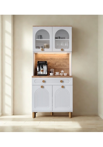 Bohem Mini 93 Cm Kahve Köşesi Ve Çok Amaçlı Mutfak Dolabı Ceviz - Beyaz