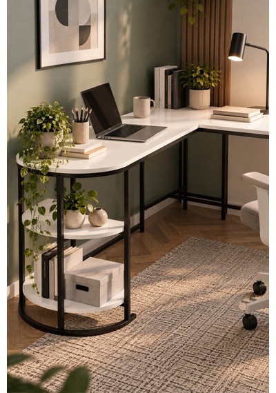 Sulorahome Tipi Köşe Çalışma Masası 2 Raflı Beyaz