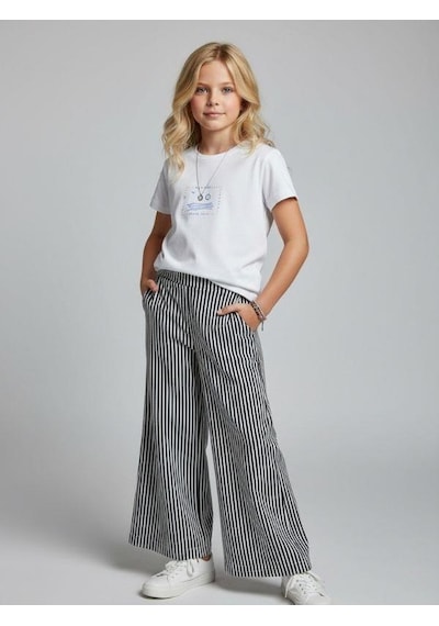 Zekids Kız Çocuk Çizgili Geniş Paça Pantolon-16894 Lacivert