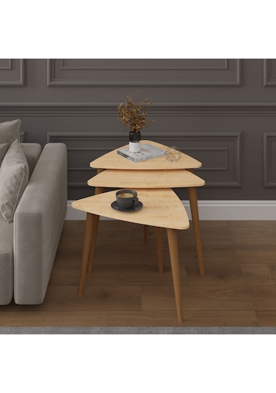 Asra Trend 3'lü Üçgen Zigon Sehpa Takımı SEHPA02 %100 MDF Ahşap Ayaklı Safir Meşe