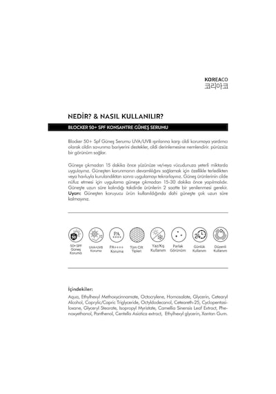 Koreaco Blocker %100 Saf SPF 50+ Suya Dayanıklı Yüksek UVB+UVA Korumalı 50ml Güneş Serumu
