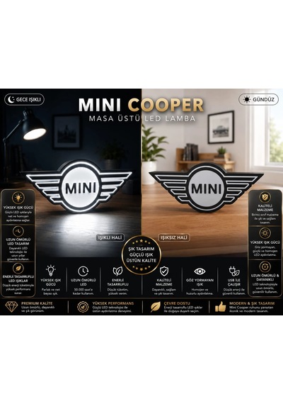Mini Cooper Masa Lambası , Mini Cooper Logolu Led Işıklı Masa Lambası , Mini Cooper Gündüz Gece Masa Siyah