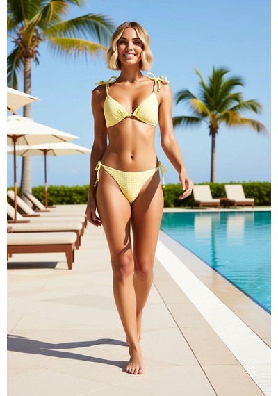 Benerly Kadın Bikini Takımı Üçgen Kaplı Kolsuz Ekose Desenli Düşük Bel Bo Sarı
