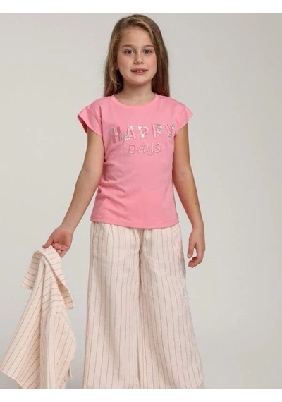 Escabel Kız Çocuk Pamuklu Happy Pul İşlemeli Tshirt-15637 Pembe