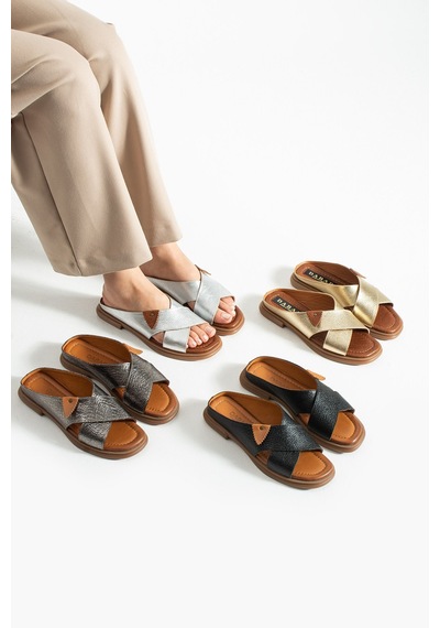 Dabab Shoes Narel Kadın Siyah Hakiki Deri Düz Taban Çapraz Bant Terlik Sandalet