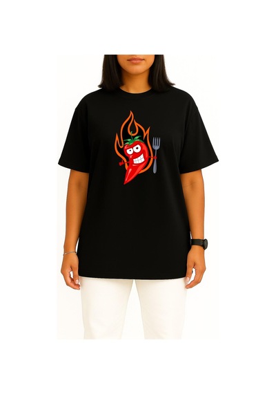 Bahriyeli Collection Oversize Kırmızı Acı Biber Logosu Göğüs Tasarımlı Unisex T-shirt Siyah