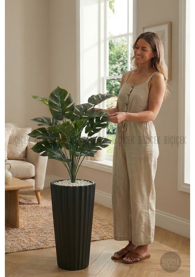 Yapay Monstera Deve Tabani Bi Tki Si 130 Cm Si Yah Li Lyum Saksıda Siyah