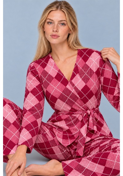 Kadın Desenli Ev Stili Kuşaklı Pembe Pijama Takımı 4808