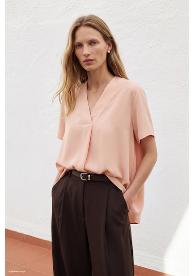 Sateen Geniş Kısa Kollu Bluz - Pudra-137801