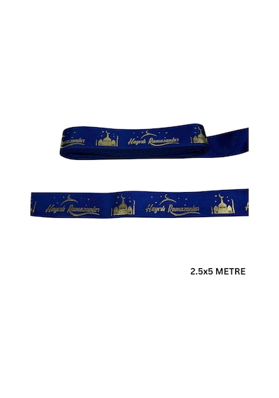 Hayırlı Ramazanlar Yazılı Hediye Paketleme Kurdelesi, Altın Varak Lacivert Saten Kurdele, 2.5cm X 5m Standart