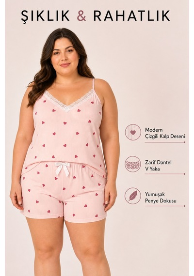 Bravie Kadın Büyük Beden İp Askılı Yakası Dantelli İnce Çizgili Kalp Desenli Yazlık Pijama Takımı Turuncu Bravie Kadın Büyük Beden İp Askılı Yakası Dantelli İnce Çizgili Kalp Desenli Yazlık Pijama Takımı Turuncu