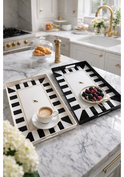 Makri Home 2 Adet Çizgili Desenli Servis Tepsisi 38x28x3,5 Cm, Siyah-beyaz Çok Renkli
