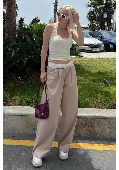 Madmext Bej Yüksek Bel Rahat Kesim Bol Paça Pantolon Mg2120-bej Bej