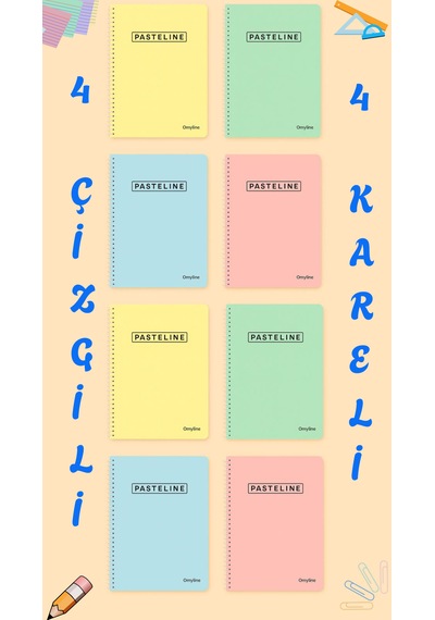 Pastel Renk A4 72 Yaprak 4 Kareli + 4 Çizgili Defter Seti