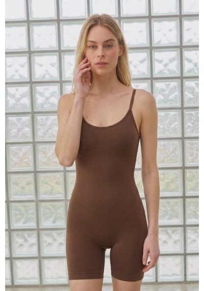 Kadın Vücut Sıkılaştıran Kahverengi Likralı Body