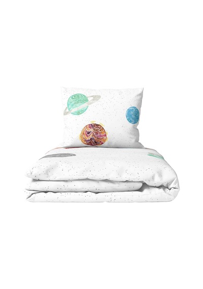 Space Planet White%100 Organik Pamuk Tek Kişilik Çocuk Nevresim Takımı 100 X 200 Cm Çok Renkli