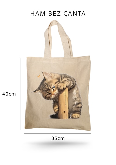 Lunora Collectıon Sevimli Kedi Baskılı Ham Bez Çanta Ham Renk