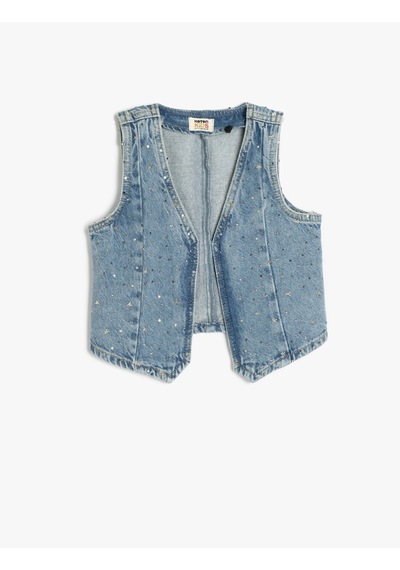 Koton Yıldız Detaylı V Yaka Kolsuz Pamuklu Denim Yelek Lıght Indıgo 5skg20012ad Açık Mavi