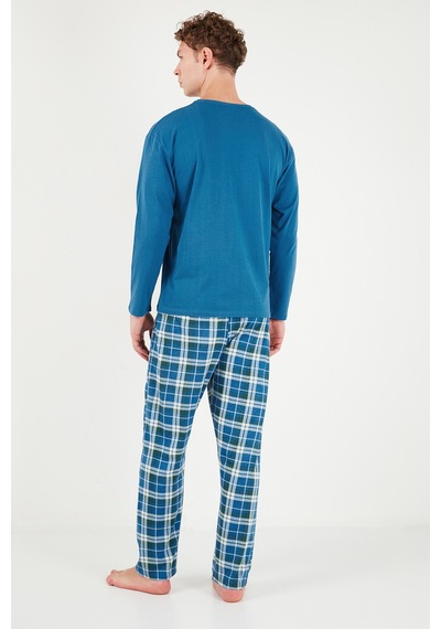 Buratti Ekoseli Pamuklu Bisiklet Yaka Uzun Kollu Pijama Takımı Erkek Pijama Takımı 6575003 İndigo