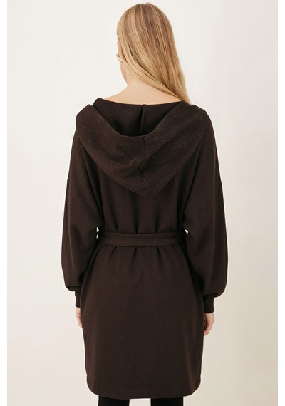 Armonika Kadın Kahve Beli Kuşaklı Cepli Kapüşonlu Oversize Kaşe Kaban Arm-26k001025