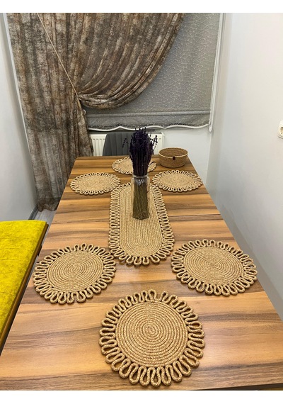 Senza Atelier 8 Parça Jüt Supla Seti - Oval Runner Ve Ekmek Sepeti Dahil Hasır Sofra Takımı