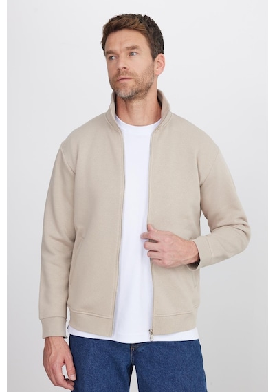 Tudors Unisex Relax Fit Rahat Kesim Pamuklu 3 İplik İçi Polarlı Fermuarlı Cepli Taş Sweatshirt Hırka-41679 Taş