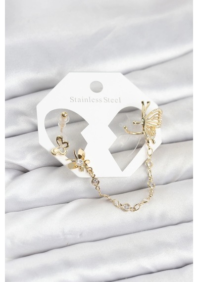 Buğz Kelebekli Model Pirinç Gold Renk Zincir Bağlantılı Ear Cuff Küpe Seti Diğer 15246570