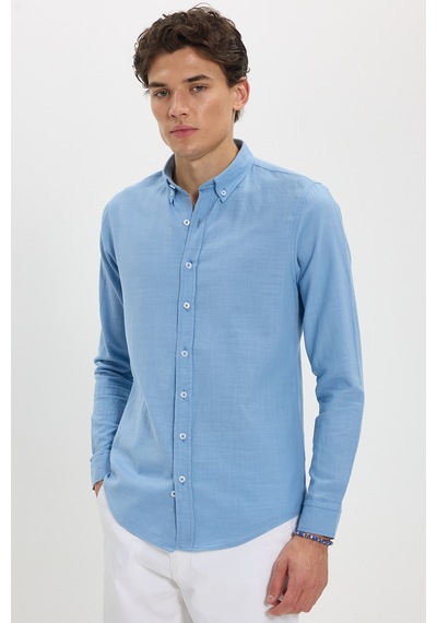 Tudors Erkek Slim Fit Dar Kesim %100 Pamuk Düğmeli Yaka Flam Keten Mavi Gömlek-50273