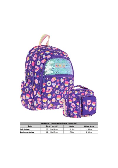 Kaukko Kids Pullu Şekerleme Desenli, Kız Çocuk Mor Okul Çantası + Beslenme Çantası Seti L5216+l7216 Mor