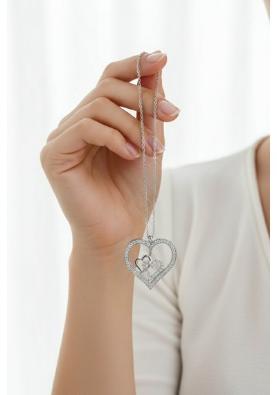 Çekirdekjewelry 925 Ayar Gümüş Zirkon Taşlı Kalplı Kolye Gri