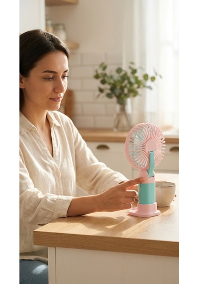 Mini El Fanı Pembe-mavi Kompakt Tasarımlı, Usb Şarjlı Güçlü Taşınabilir Vantilatör Fan-pl104