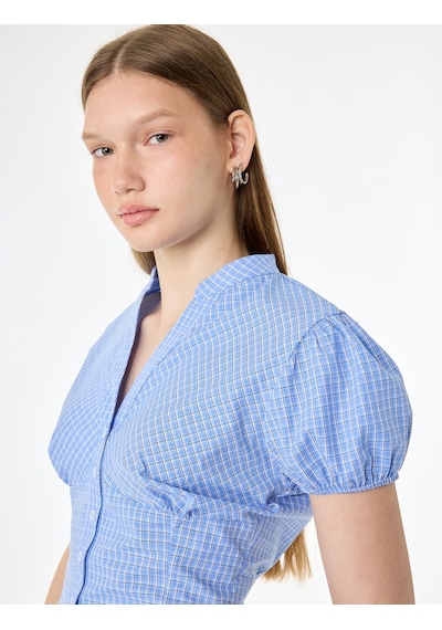 Koton Pamuklu Slim Fit Poplin Balon Kollu V Yaka Gömlek Mavi Ekose 6sal60211ıw