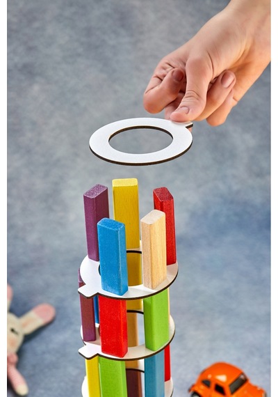 Renkli Tower Plus Jenga Büyük Boy Doğal Ahşap Denge Kule Oyunu Tower