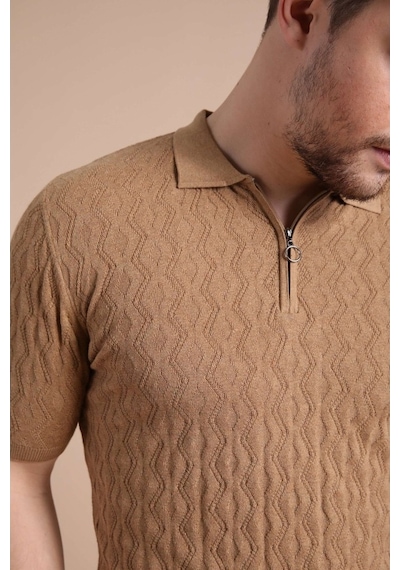 Ferraro Camel Polo Yaka Fermuarlı Erkek Pamuk Triko T-Shirt-Kahverengi (417942562) Kahverengi