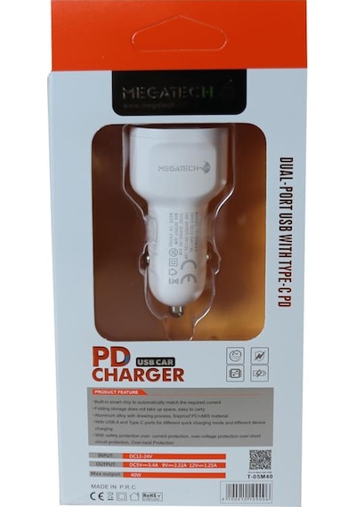 Megatech T05 M40 Beyaz 40w Pd Usb Araç Çakmaklık Şarj Başlığı Hızlı Şarj