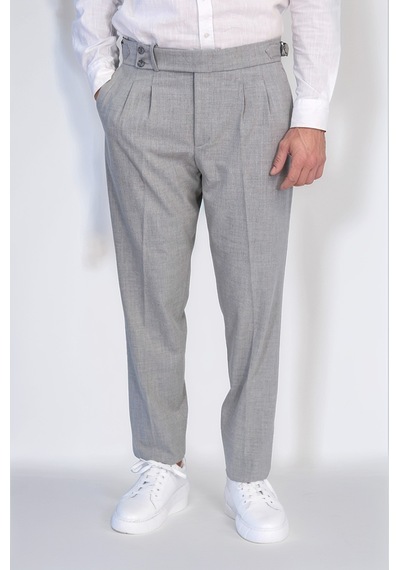 Gri Çift Pileli Tokalı Yüksek Bel Slim Fit Pantolon Wessi Gri